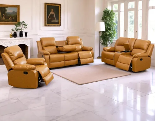 Miniatura 8 de Sofá reclinable manual moderno, sofá reclinable de cuero de 3 plazas, sofá reclinable de sala de estar, sofá con portavasos y mesa abatible