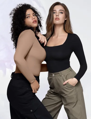 Miniatura 12 de PUMIEY Body sexy de manga larga con cuello cuadrado para mujer, colección Smoke Cloud