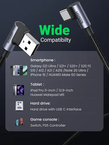 Miniatura 5 de UGREEN Cable USB a USB C de 90 grados, cable de carga rápida USB C compatible con iPhone 16/16 Plus/16 Pro/16 Pro Max/15/Samsung Galaxy