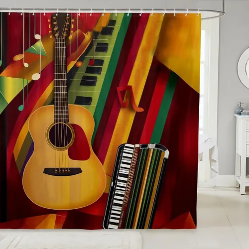 Miniatura 14 de Cortina de ducha de guitarra roja, cortina de baño de música Hip Pop, decoración de baño para niños y niñas, cortina de baño de guitarra de moda