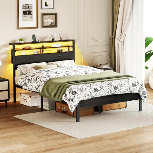 Miniatura 6 de Furnulem Full Size Bed Frame with Headboard, 3-Tier Storage Shelves & 2 Fabric Drawers, Built-in Charging Station & RGB LED Lights, Metal Slat