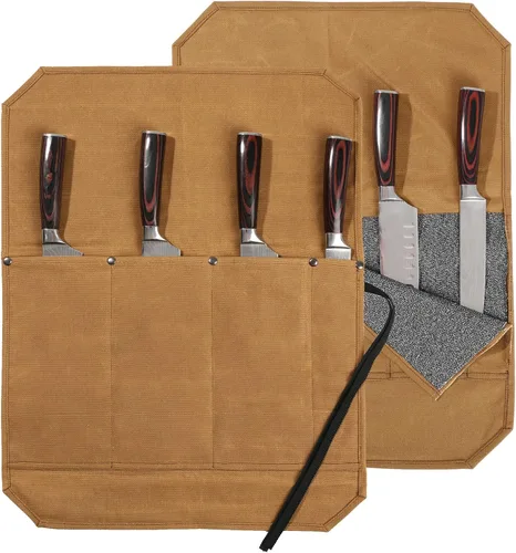 Miniatura 9 de Denifiter Bolsa enrollable para cuchillos de chef, duradera funda para cuchillos de lona encerada de 16 onzas con 4 ranuras, bolsa profesional