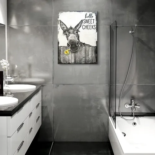 Miniatura 3 de citari Arte de pared de baño de granja, póster de burro divertido para pared, lienzo rústico impreso en blanco y negro, decoración de pared