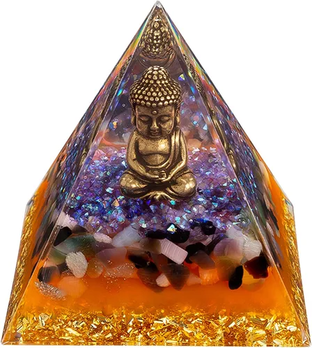Miniatura 11 de FENGSHUI-CAISHEN Estatua de Little Buddha en pirámide de organita de cristal curativo, piedra arenisca azul con figura de Buda bebé, decoración