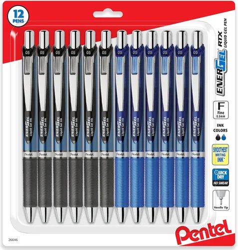 Pentel Energel Rtx Retráctil, 12 paquetes de 6 bolígrafos de tinta negra y 6 azules, punta de aguja, punta fina de 0.020 in