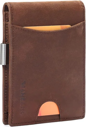 Rfid - Tarjetero de cuero genuino para hombre, organizador de tarjetas de crédito con cremallera, Crazy horse piel café, Minimalista