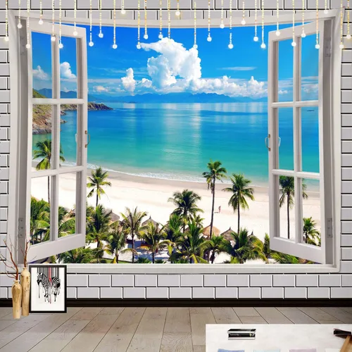 Miniatura 2 de Sanzugh - Tapiz de pared de playa del océano, arte de ventana falsa de naturaleza del mar de Hawái, tapices para colgar en dormitorio, dormitorio