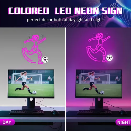 Miniatura 7 de Letrero de neón de fútbol de OkiyiD para niñas - Decoración de pared deportiva regulable con alimentación USB, regalos únicos para mujeres y niñas