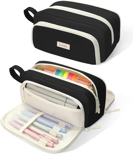 SUNEE Lindo estuche para lápices, estuche estético para bolígrafos con 3 compartimentos, bolsa de lápices grande de color Kawaii con cremallera,