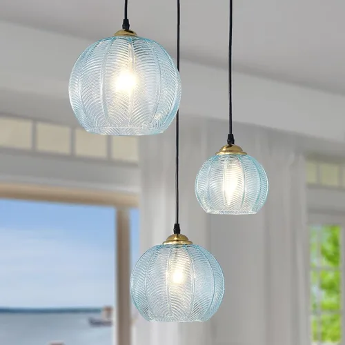 Miniatura 10 de Lámpara Colgante de Cristal Verde, Iluminación Colgante de Globo Grande Individual de 9.8 Pulgadas Nórdica Acanalada para Techo Colgante, Lámpara