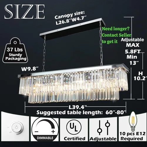 Miniatura 4 de Lámpara de araña de cristal cromado L39 '' rectangular moderna lámpara de comedor lámpara rectangular colgante de techo para isla de cocina sobre