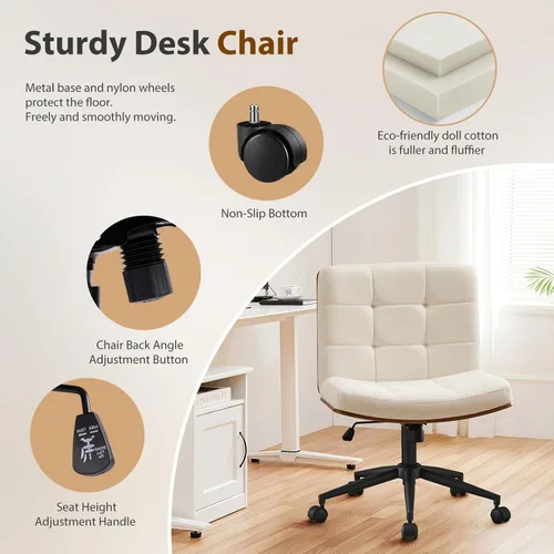 Miniatura 4 de Furnimart FSC - Silla de escritorio ancha de madera, giratoria de 360° con ruedas, cómoda silla de oficina para sentarse con las piernas cruzadas