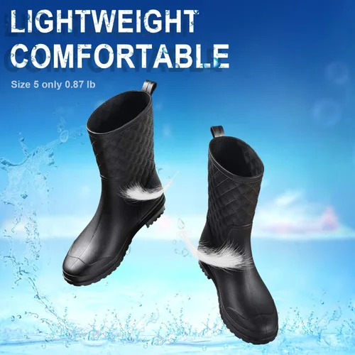Miniatura 4 de Petrass Botas de lluvia para mujer, color negro impermeable a media pantorrilla, ligeras, lindo botines de moda para trabajar cómodos zapatos