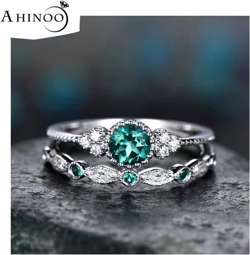 Miniatura 3 de Fashion - Juego de 2 anillos de plata de ley 925 con esmeralda natural, corte redondo, circonita cúbica, anillo de compromiso clásico de eternidad