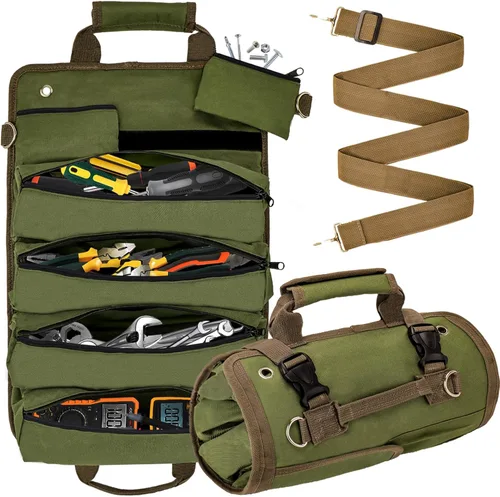 Bolsa de herramientas enrollable, organizador de herramientas compacto y duradero con 4 bolsas, rollo de herramientas y 2 pequeñas bolsas con Verde