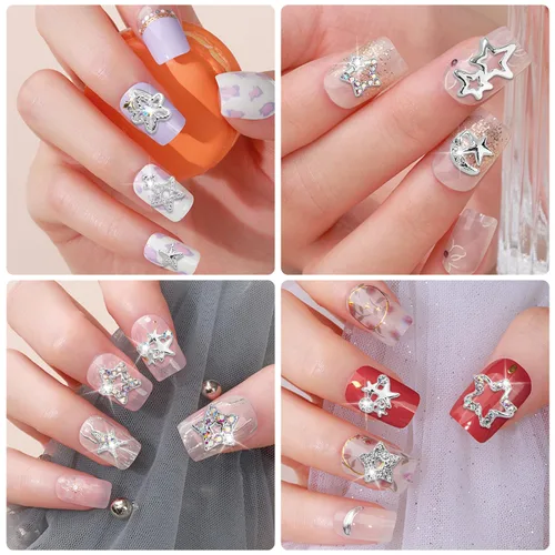 Miniatura 4 de WOKOTO 24 dijes de estrella plateada para uñas, diamantes de imitación para uñas, arte de estrellas 3D, dijes para uñas acrílicas, estrellas 3D