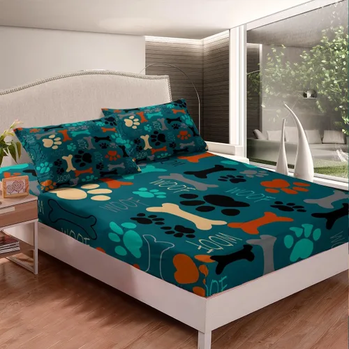 Miniatura 2 de Sábanas de cama con estampado de patas de perro para niños, sábana bajera ajustable de huesos coloridos para los amantes de los perros