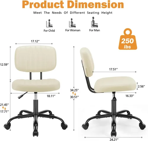 Miniatura 2 de Sweetcrispy Silla de Escritorio de Oficina Pequeña - Sin Brazos de Piel PU con Cómodo Soporte Lumbar, Altura Ajustable Giratoria con Ruedas