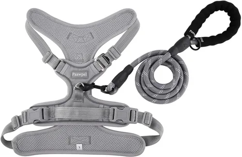Miniatura 6 de Arnés ajustable para perro, sin tirones, reflectante, acolchado suave para perros pequeños, medianos y grandes, incluye correa y collar, beige, XS