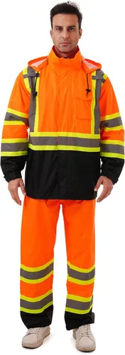 Miniatura 19 de Chaquetas de lluvia reflectantes para hombre impermeables, abrigo de seguridad Hi Vis con tiras reflectantes, chaquetas de lluvia de alta Naranja02