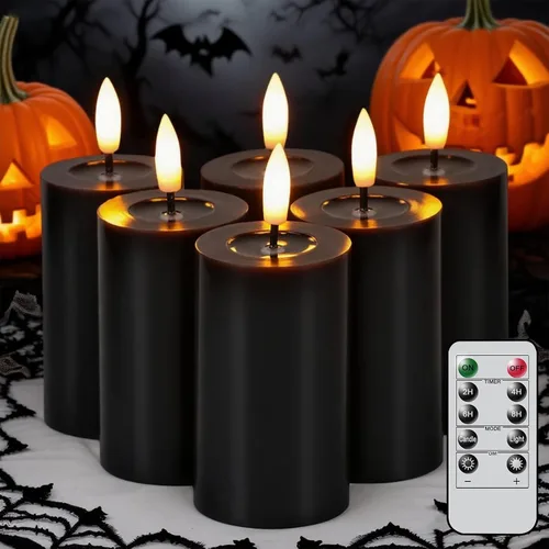Miniatura 9 de Velas de Halloween sin llama con temporizador de 6 horas, velas LED naranjas parpadeantes de cera real, bruja, murciélagos, castillo, calcomanías