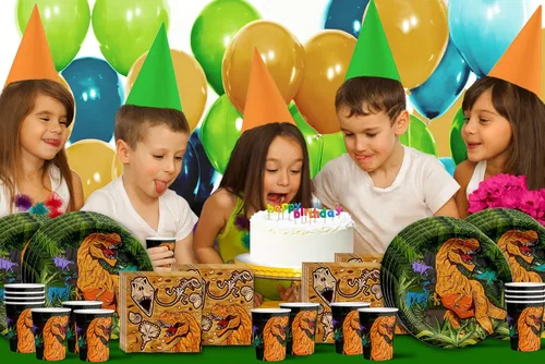Miniatura 7 de Juego para fiesta de cumpleaños de dinosaurio T-rex rugiendo, equipo de abundantes suministros platos, servilletas, vasos de Vajilla para 16