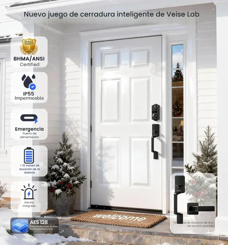Miniatura 5 de Veise VE017-D - Juego de cerradura inteligente para puerta delantera, control de aplicación, cerrojo de entrada sin llave 8 en 1 con manija de Negro