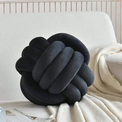 Almohada de nudo suave de felpa, cojín redondo de bola anudada de 8 pulgadas, decoración de nudo negro para dormitorio y sala de estar