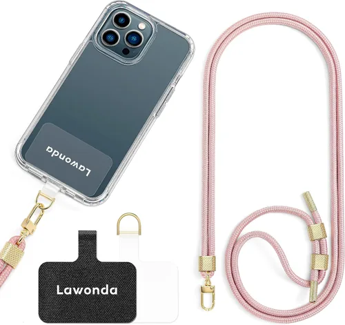 Cordón universal cruzado para teléfono celular, cordón ajustable antirrobo para el cuello para iPhone 17 Pro Max, 2 parches de teléfono, Rosa