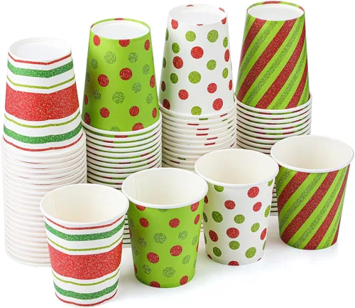 Miniatura 15 de Funtery 100 piezas de vasos de papel de Navidad, vasos de café desechables de Navidad con copos de nieve, muñeco de nieve, alce, luces, 9 onzas