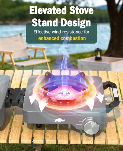 Miniatura 4 de Estufa de campamento con 2 quemadores de propano, 30,000 BTU plegable con rejillas resistentes al viento y sartén, estufas de camping portátiles