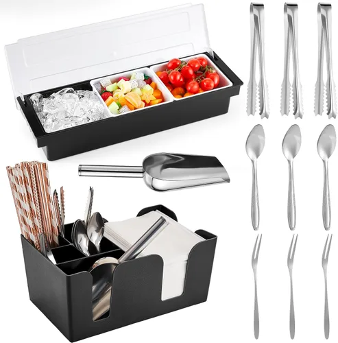 Miniatura 8 de Tessco for you Bandeja de Guarnición con Tapa Organizador de Bar Contenedor de Condimentos Refrigerado con Hielo con Cuchara para Hielo Pinzas