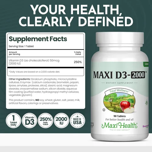 Miniatura 6 de Maxi Health Tabletas de vitamina D3 de 2000 UI – Apoyo inmunológico, salud ósea y función muscular – Suplemento de vitamina D de 2000 UI