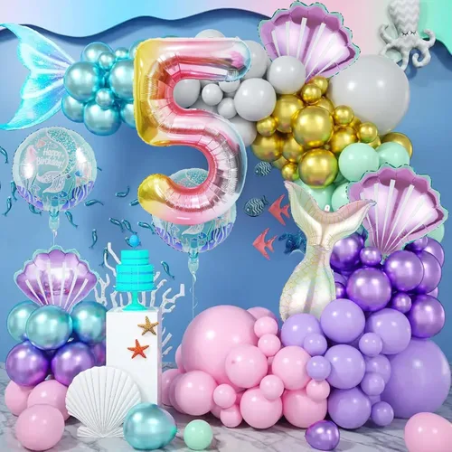 Miniatura 5 de Decoración de Cumpleaños de Sirena Globos de Lámina de Números Grandes de Sirena para Niñas Bajo el Mar Tema de Sirena Baby Shower Recuerdos