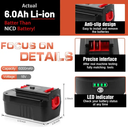 Miniatura 2 de TenHutt Batería de litio de iones de litio de 6.0 Ah, no Ni-Mh, 2 paquetes de 18 V para batería Black and Decker de 18 V, 6.0 Ah HPB18 HPB18-OPE