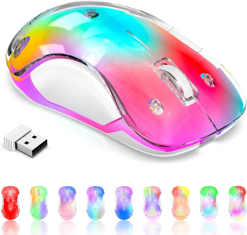 Miniatura 13 de memzuoix Mouse inalámbrico de 2.4G con cubierta personalizable y LED de 9 colores, ergonómico recargable, 1400 DPI, 5 botones, receptor USB para Azul