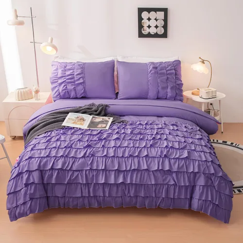 Miniatura 13 de Juego de edredón rosa individual, ropa de cama de 5 piezas en una bolsa individual para niñas adolescentes, juego de ropa de cama con volantes rosas