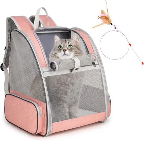 Miniatura 11 de Mochila transportadora para gatos, mochila grande para mascotas con varita de gatito, juguete de plumas para perros medianos y pequeños, gatos