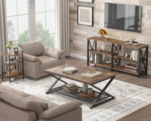 Miniatura 6 de LVB Mesa de café rústica, mesa de cóctel de té de madera y metal industrial de 2 niveles con almacenamiento para sala de estar, mesa central Marrón