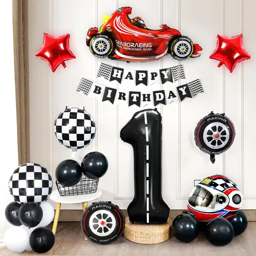 Miniatura 5 de Piokio 9 globos de auto de carreras, globos negros número 1 a cuadros para decoración de fiesta temática de primer cumpleaños de carreras