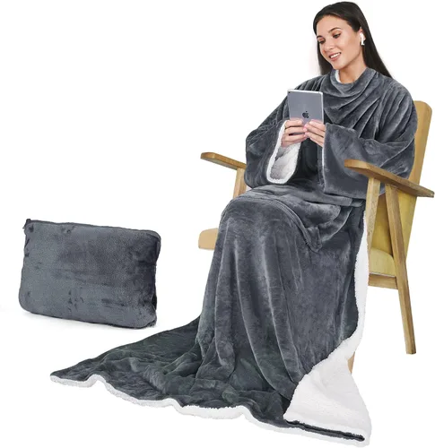 Miniatura 8 de Catalonia Classic Manta de forro polar Sherpa con mangas, súper suave, cálida y acogedora, manta portátil de viaje, regalo para mujeres, hombres
