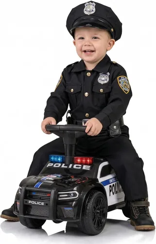 Miniatura 12 de OLAKIDS Coche de policía de paseo con empuje para niños, juguete deslizante de pie a suelo para niños pequeños con sirena, volante, megáfono, Rosa
