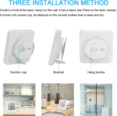 Miniatura 5 de Temporizador de ducha digital con pantalla táctil impermeable, pantalla de temperatura y humedad, reloj de baño con ventosas y agujero para colgar