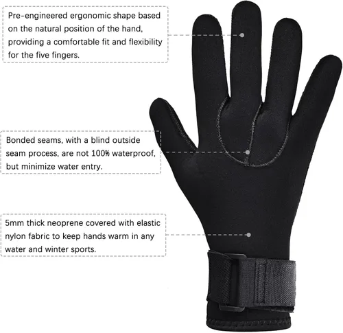 Miniatura 5 de Guantes de neopreno para buceo para hombres y mujeres, 0.197 in, cálidos con cinco dedos en agua fría, banda elástica para la muñeca antideslizante