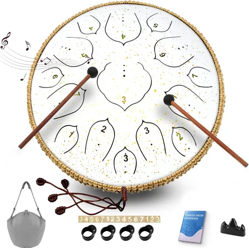 Miniatura 20 de Tambor de Lengua de Acero - 15 Notas Tambor de Acero - Instrumento de Tambor Handpan de 14 Pulgadas con Libro de Música, Mazos para Instrumentos