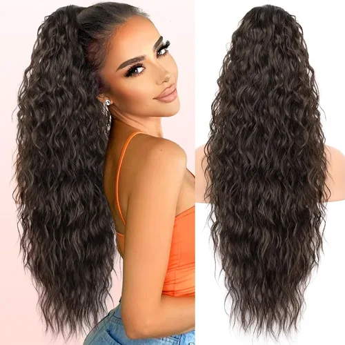 Miniatura 28 de KooKaStyle Extensión de cola de caballo con cordón de 26 pulgadas (66 cm) para mujeres, extensiones de cabello sintético rizado largo para uso