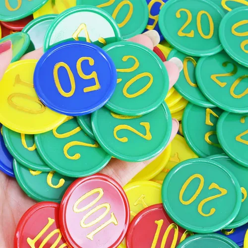 Miniatura 4 de 160 fichas de póquer de tamaño típico de plástico con impresión de números dorados para jugar noches de juego en casa, aprendizaje de matemáticas