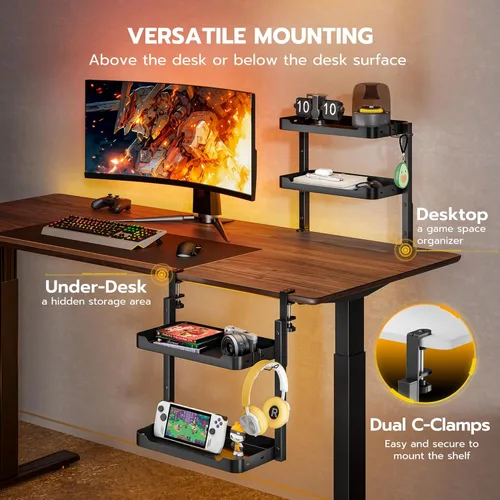 Miniatura 4 de ARES WING Estante de escritorio con abrazadera de 2 niveles, estantes de almacenamiento ajustables de 16 pulgadas sobre o debajo del escritorio