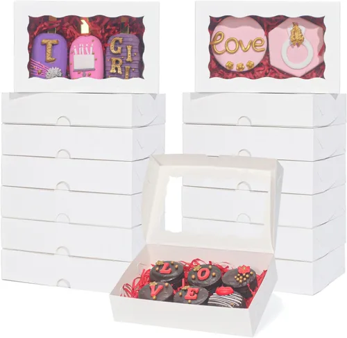 Miniatura 10 de RomanticBaking Paquete de 50 cajas de galletas blancas de 7 x 4 3/8 x 1 1/2 pulgadas, cajas de panadería resistentes con ventana, cajas de macarrón