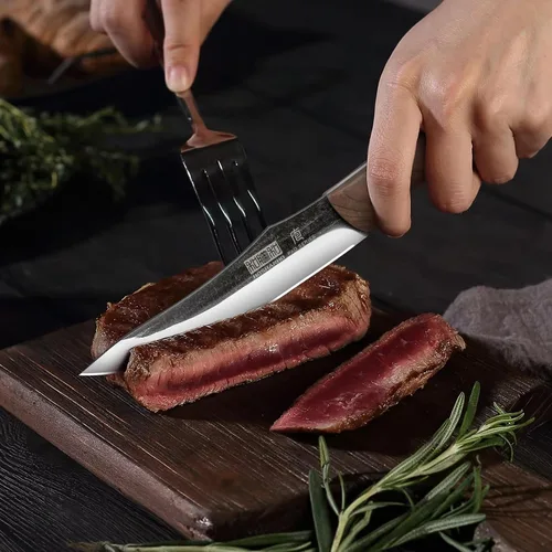Miniatura 5 de HOSHANHO Juego de 6 cuchillos para carne, ultra afilados de 4.5 pulgadas, no dentados, de acero de alto carbono, forjados a mano con mango de madera